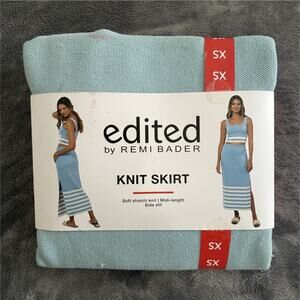 edited by REMI BADER Knit Striped Midi Skirt XS Light Blue White Side Slit